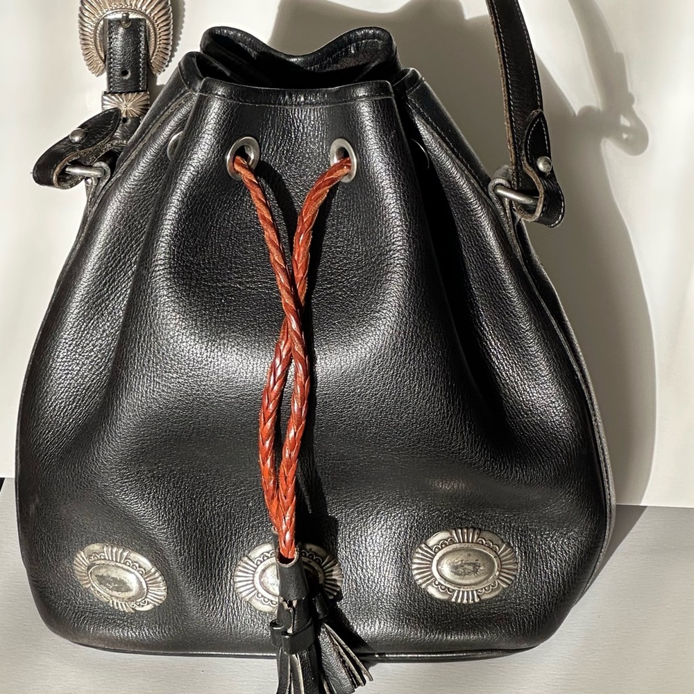 Dooney & Bourke Black Leather Drawstring Bucket Bag with Brown Braided Cord